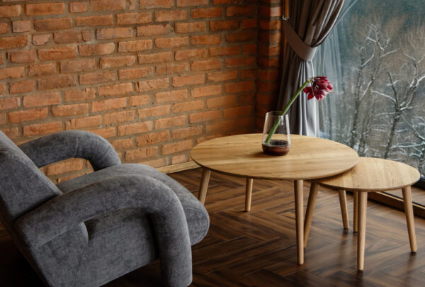 Twin solid oak coffee table set in contemporary living room