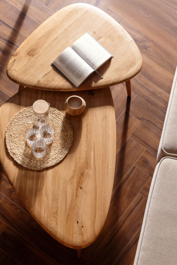 Evo solid oak coffee table set in modern living room